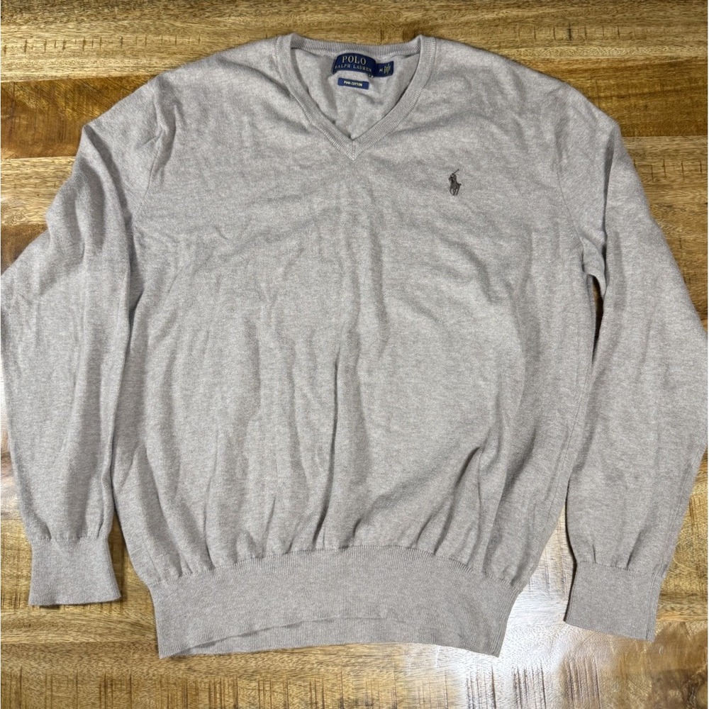 Polo Ralph Lauren Sweater Mens M Sand Brown Pima Cotton V Neck Pullover